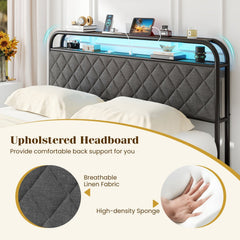 Queen Metal Storage Bed with LED Lights, Charging Station and 4 Fabric Drawers, Black and grey