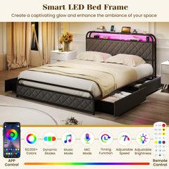 Queen Metal Storage Bed with LED Lights, Charging Station and 4 Fabric Drawers, Black and grey