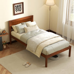 Twin Wood Platform Bed with Retro Headboard and 12 Inch Clearance, Walnut