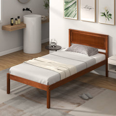 Twin Wood Platform Bed with Retro Headboard and 12 Inch Clearance, Walnut