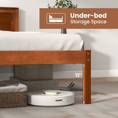 Twin Wood Platform Bed with Retro Headboard and 12 Inch Clearance, Walnut