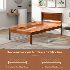 Twin Wood Platform Bed with Retro Headboard and 12 Inch Clearance, Walnut