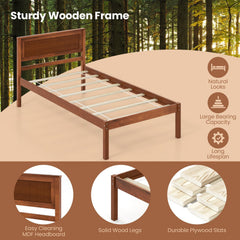 Twin Wood Platform Bed with Retro Headboard and 12 Inch Clearance, Walnut