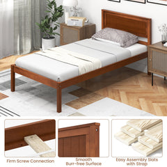 Twin Wood Platform Bed with Retro Headboard and 12 Inch Clearance, Walnut