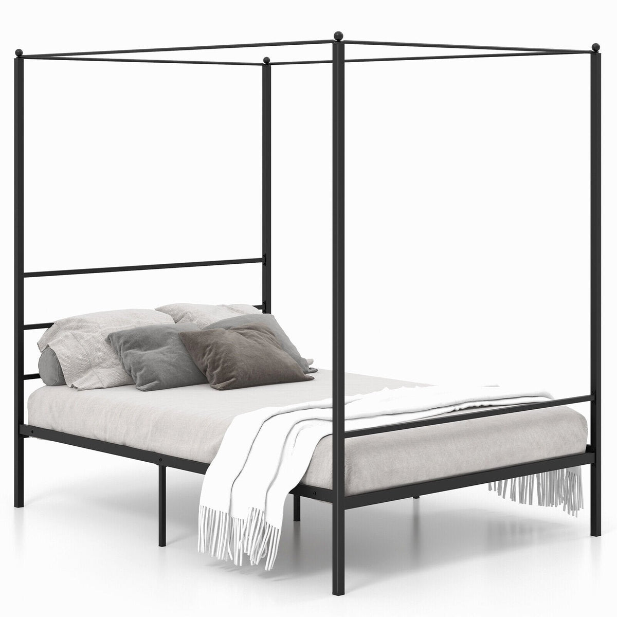 Full Metal Canopy Bed with 4 Posts, 11 Metal Slats and 12.5 Inch Clearance