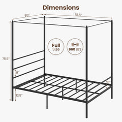 Full Metal Canopy Bed with 4 Posts, 11 Metal Slats and 12.5 Inch Clearance
