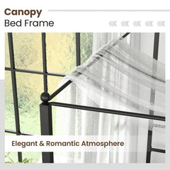 Full Metal Canopy Bed with 4 Posts, 11 Metal Slats and 12.5 Inch Clearance