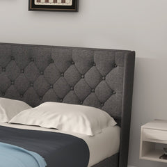 Queen Upholstered Platform Bed with Diamond Tufted Wingback Headboard, Grey