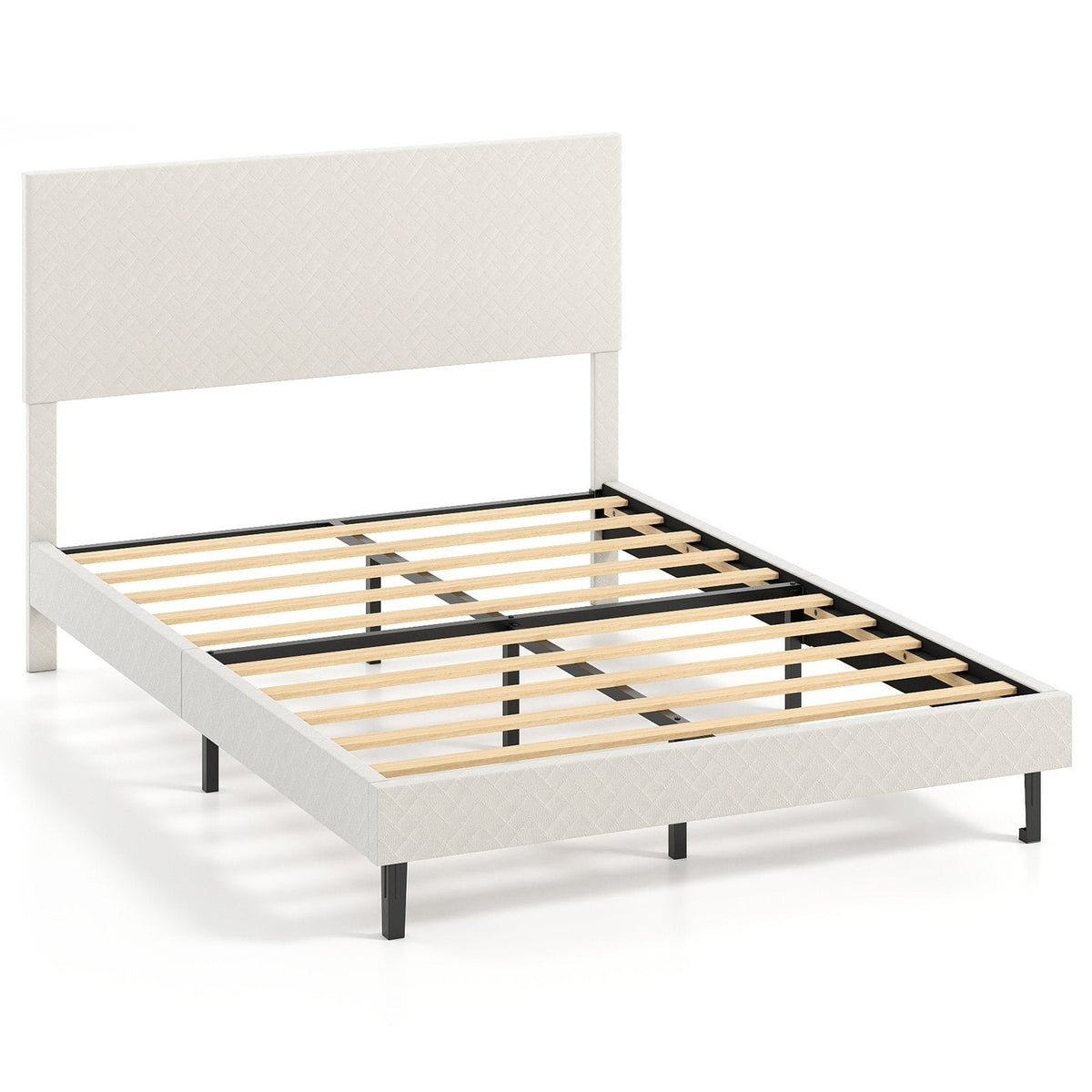 Full Velvet Platform Bed with Chevron Headboard at 3 Adjustable Heights, Beige
