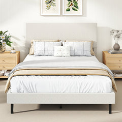 Full Velvet Platform Bed with Chevron Headboard at 3 Adjustable Heights, Beige