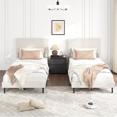 Twin Velvet Platform Bed with Chevron Headboard at 3 Adjustable Heights, Beige