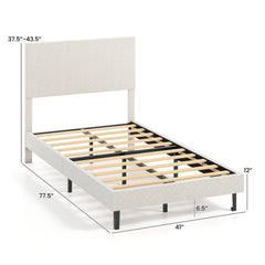 Twin Velvet Platform Bed with Chevron Headboard at 3 Adjustable Heights, Beige