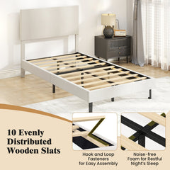 Twin Velvet Platform Bed with Chevron Headboard at 3 Adjustable Heights, Beige
