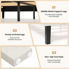 Twin Velvet Platform Bed with Chevron Headboard at 3 Adjustable Heights, Beige