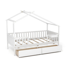 Twin House Bed with Roof, Fence Rails and 2 Storage Drawers, White