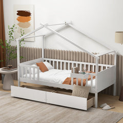 Twin House Bed with Roof, Fence Rails and 2 Storage Drawers, White