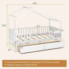 Twin House Bed with Roof, Fence Rails and 2 Storage Drawers, White