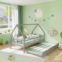 Twin House Bed with Trundle and Fence Rail-Gray
