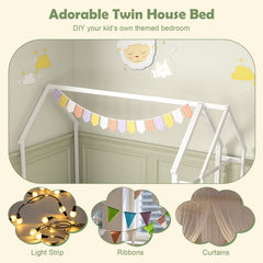 Twin House Floor Bed Montessori Bed Frame with Storage Shelf-White