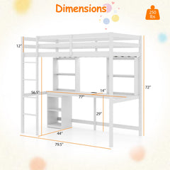 Twin Loft Bed with LED Light and Desk No Box Spring Needed-White