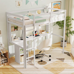 Twin Loft Bed with LED Light and Desk No Box Spring Needed-White