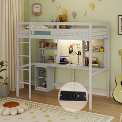 Twin Loft Bed with LED Light and Desk No Box Spring Needed-White