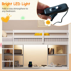Twin Loft Bed with LED Light and Desk No Box Spring Needed-White
