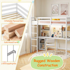 Twin Loft Bed with LED Light and Desk No Box Spring Needed-White