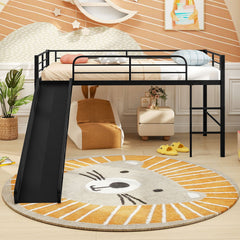 Twin Metal Loft Bed with Slide with Safety Guardrails and Built-in Ladder-Black