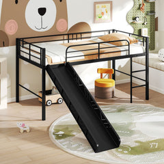 Twin Metal Loft Bed with Slide with Safety Guardrails and Built-in Ladder-Black