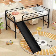 Twin Metal Loft Bed with Slide with Safety Guardrails and Built-in Ladder-Black