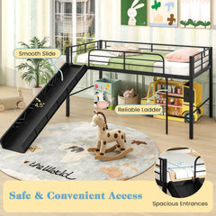 Twin Metal Loft Bed with Slide with Safety Guardrails and Built-in Ladder-Black