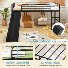 Twin Metal Loft Bed with Slide with Safety Guardrails and Built-in Ladder-Black