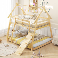 Twin Over Queen Bunk Bed Wooden Kids Bed with Climbing Nets and Ramp-Natural