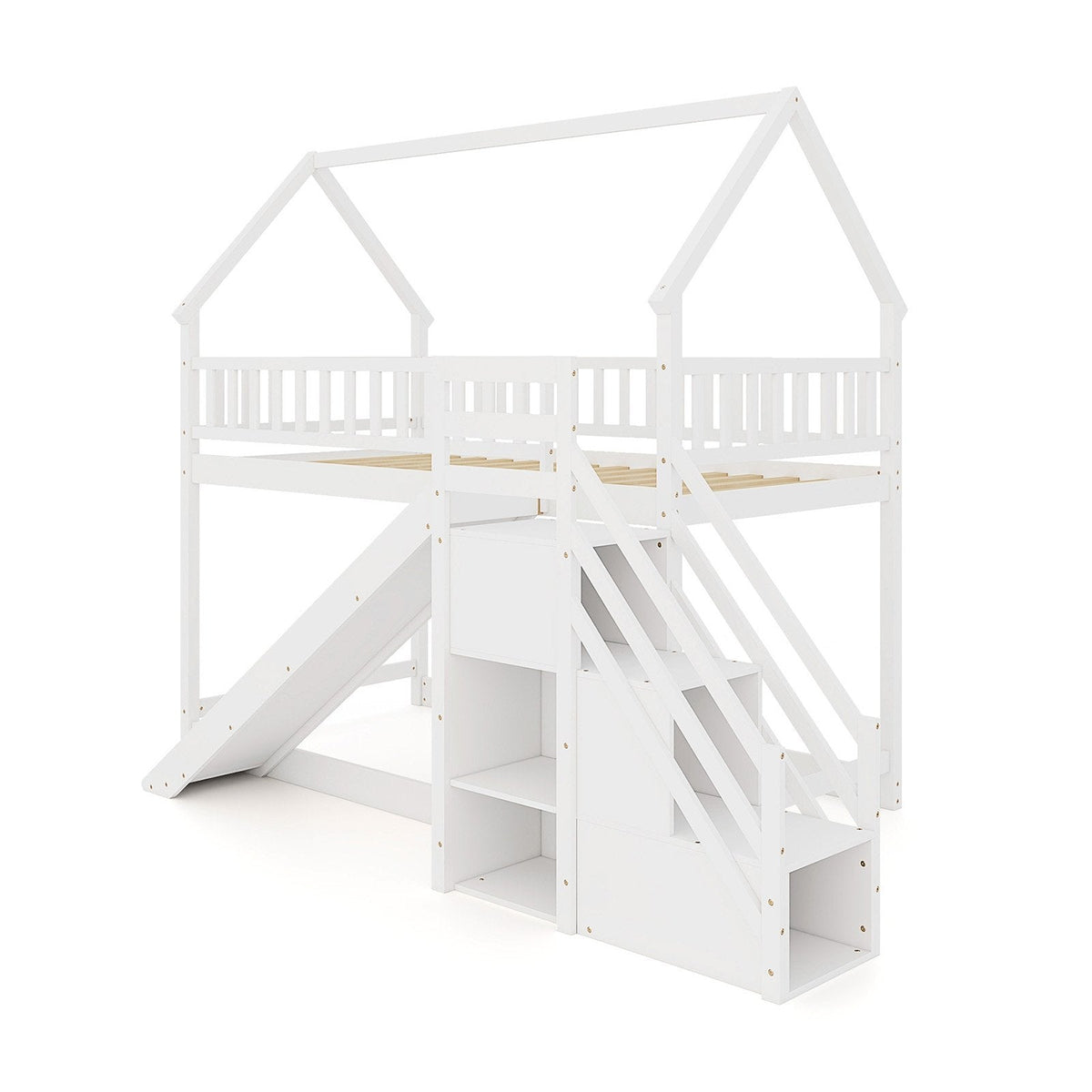 Twin Over Twin Bunk Bed with Slide and Staircase-White