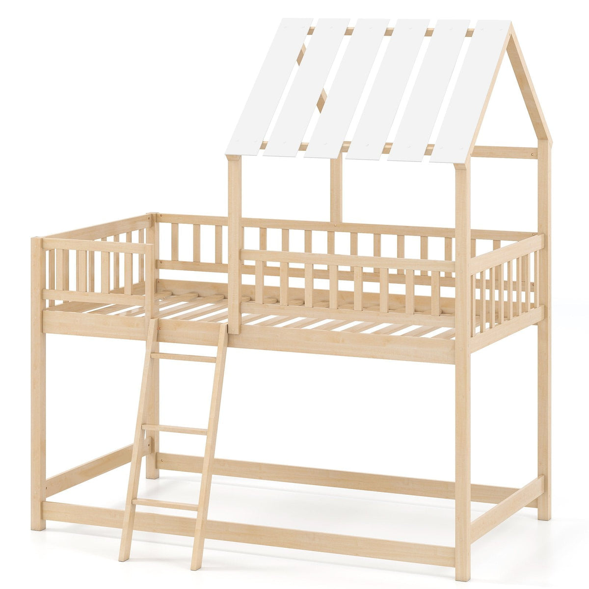 Twin Over Twin House Bunk Bed with Roof and Full-length Guardrails for Kids Teens Boys Girls-Natural