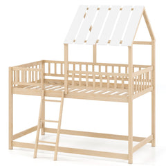 Twin Over Twin House Bunk Bed with Roof and Full-length Guardrails for Kids Teens Boys Girls-Natural