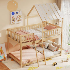 Twin Over Twin House Bunk Bed with Roof and Full-length Guardrails for Kids Teens Boys Girls-Natural