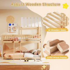 Twin Over Twin House Bunk Bed with Roof and Full-length Guardrails for Kids Teens Boys Girls-Natural