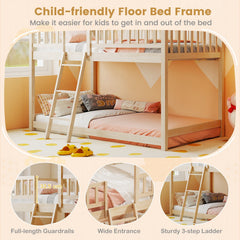 Twin Over Twin House Bunk Bed with Roof and Full-length Guardrails for Kids Teens Boys Girls-Natural