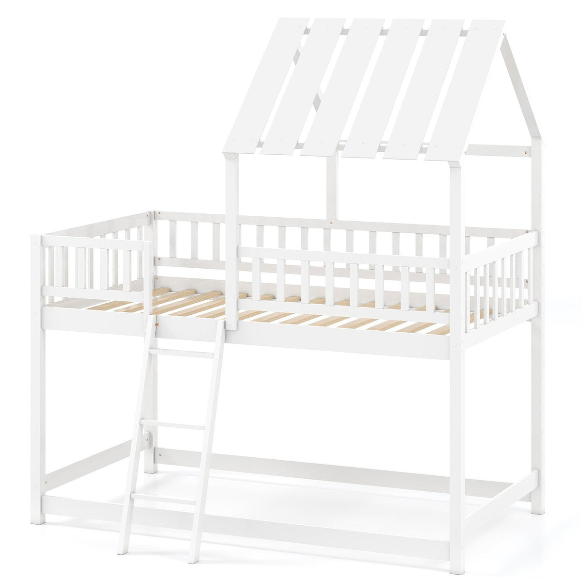 Twin Over Twin House Bunk Bed with Roof and Full-length Guardrails for Kids Teens Boys Girls-White