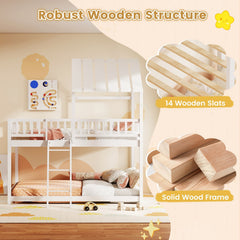 Twin Over Twin House Bunk Bed with Roof and Full-length Guardrails for Kids Teens Boys Girls-White