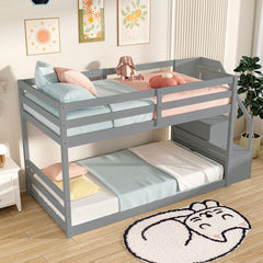 Twin Over Twin Low Bunk Bed with Storage Stairs Solid Wood Floor Bunk Bed Frame-Gray