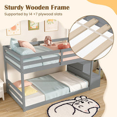 Twin Over Twin Low Bunk Bed with Storage Stairs Solid Wood Floor Bunk Bed Frame-Gray