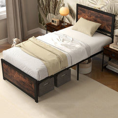 Twin Metal Platform Bed with 41 Inch Industrial Headboard and Mute Bars