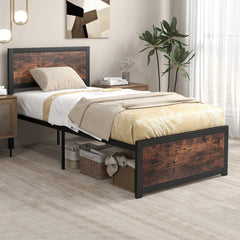 Twin Metal Platform Bed with 41 Inch Industrial Headboard and Mute Bars