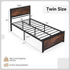 Twin Metal Platform Bed with 41 Inch Industrial Headboard and Mute Bars