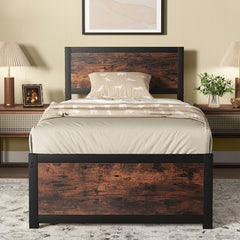 Twin Metal Platform Bed with 41 Inch Industrial Headboard and Mute Bars