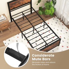 Twin Metal Platform Bed with 41 Inch Industrial Headboard and Mute Bars