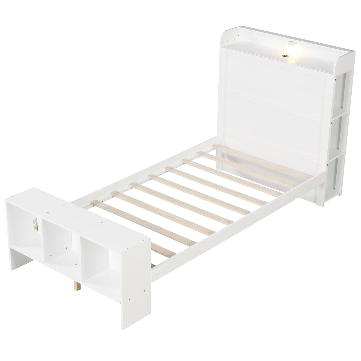 Twin Bed with Storage Headboard, Footboard Shelves, 2 USB Ports and LED Light